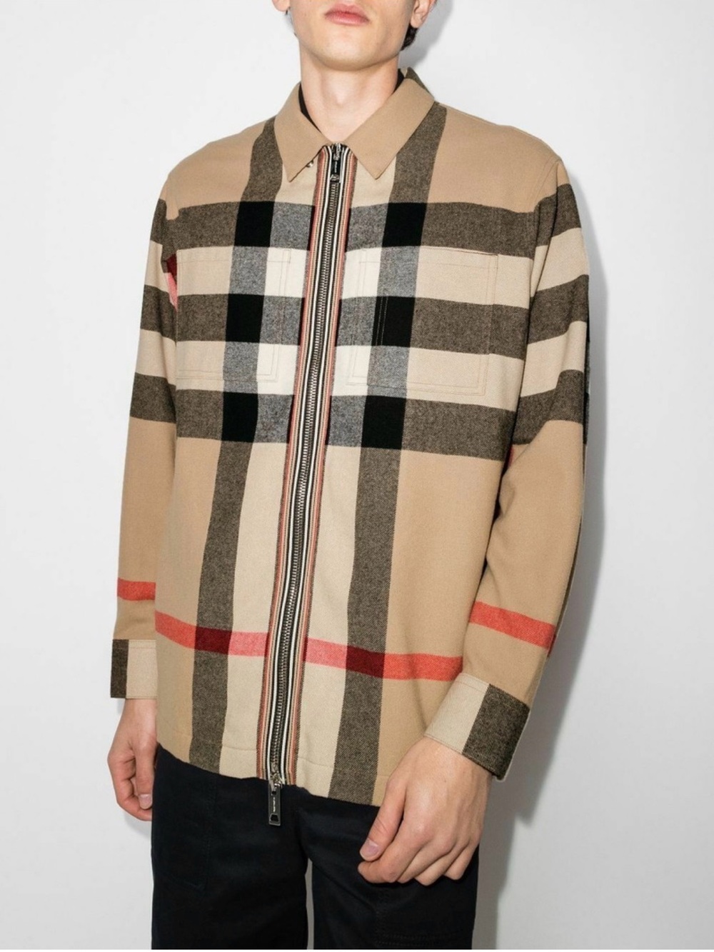 Burberry Beige Plaid Zip-Front Shirt Jacket with Red Accent
